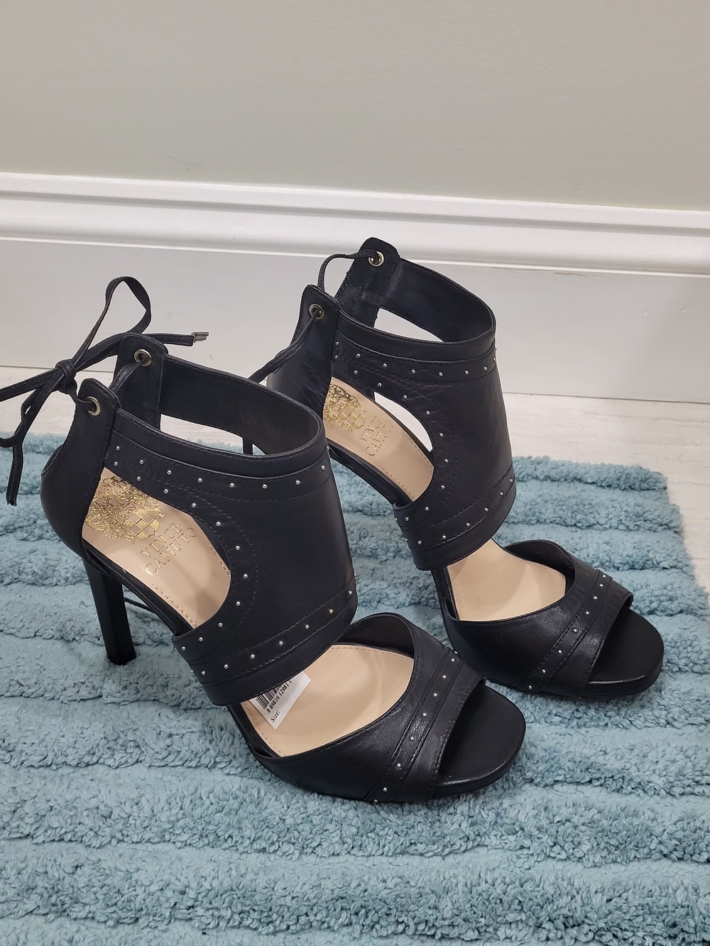 Vince Camuto Black Studded Open-Toe High Heel Sandals with Ankle Tie